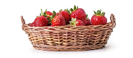 Poster - A wicker basket filled with ripe strawberries, sitting on a clean white background. The bright red strawberries contrast beautifully against the white surface.