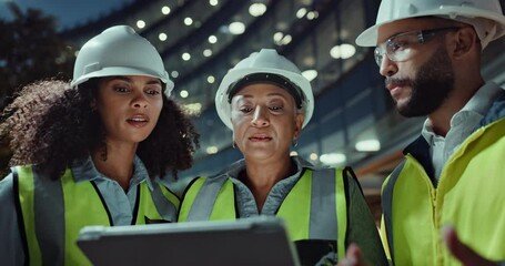 Leinwandbilder - Construction, team and communication by tablet for planning, night and civil engineering or online research in city. Man, women and building app for collaboration and technology for quality assurance
