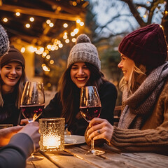 Group of young people wearing winter clothes, Happy friends drinking red wine