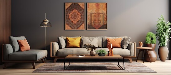 Wall Mural - A contemporary living room with two couches, one dark and one light, arranged around a sleek coffee table. The room features a patterned carpet, colorful cushions, and a poster mockup on the wall.