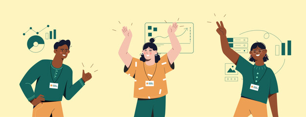 Wall Mural - happy employees work at common project. man and women with graphs and diagrams. colleagues and partn