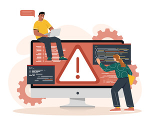 Wall Mural - internet failure concept. man and woman near computer monitor with problems in code. application or 