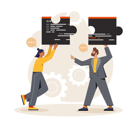 Wall Mural - man and woman making puzzle. cooperation and collaboration. team of programmers and it specialists w