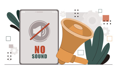 Wall Mural - no sound at phone. smartphone with silent mode. device and gadget without sounds. megaphone badge an