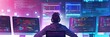 © Tida - Back view of a developer coding late at night - An illustrated back view of a male developer programming with multiple screens in a modern and neon-lit environment