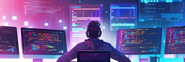 Back view of a developer coding late at night - An illustrated back view of a male developer programming with multiple screens in a modern and neon-lit environment
