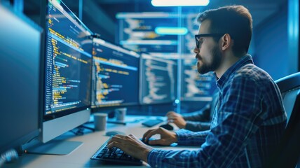 software developer coding late at work - male programmer intensely focused on coding in a high-tech 