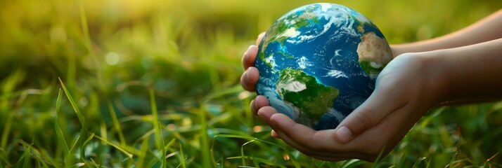 Wall Mural - human hands holding earth globe over green grass