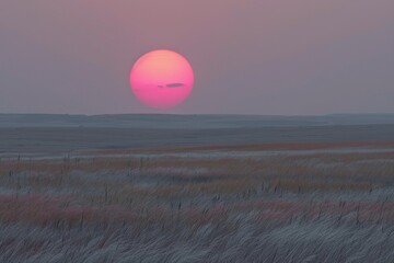 Sun Setting Over Tall Grass Field