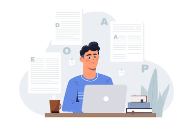 Wall Mural - copywriter with laptop. man typing articles and creating interesting content for social networks and