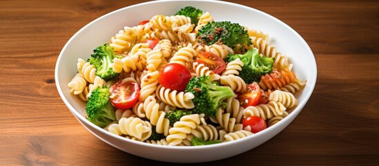 Canvas Print - A bowl of fusilli pasta salad topped with fresh red tomatoes and vibrant green broccoli florets, creating a colorful and nutritious meal.