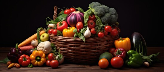 Canvas Print - A wicker basket filled to the brim with a variety of fresh vegetables, showcasing the bountiful harvest. The assortment includes colorful peppers, vibrant tomatoes, crisp lettuce, and more.