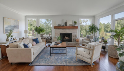 two story modern living room with fireplace and neutral decor