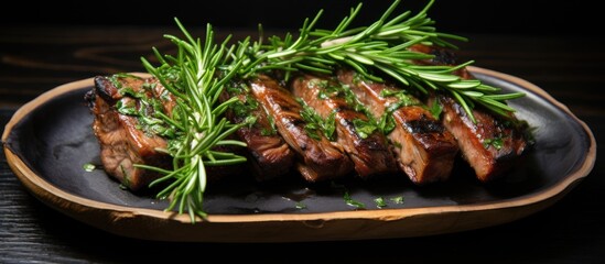 Poster - A black plate topped with sizzling grilled pork ribs covered in a savory sauce and garnished with fragrant Oni parsley and rosemary, creating a flavorful feast.