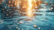 Soft focus bokeh light effects over a rippled, blue water background with lens flare