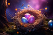 beautiful easter background with colored eggs in a nest. volumetric light, copy space. holiday lights. space for text