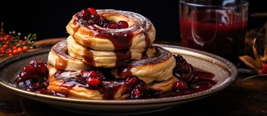 Wall Mural - A stack of fluffy pancakes topped with a generous drizzle of syrup, served on a clean white plate. The pancakes are adorned with a dollop of jam, a sprinkle of rich cocoa, and a dash of fragrant