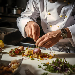Wall Mural - Close-up of a chefs hands preparing a gourmet dish