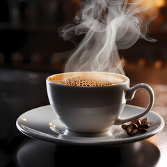 Canvas Print - Close-up of a cup of steaming hot coffee.