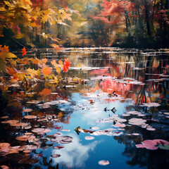 Wall Mural - Colorful autumn foliage reflected in a pond. 