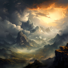 Sticker - Dramatic clouds over a mountainous landscape. 