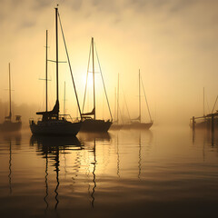 Poster - Foggy harbor with boats in silhouette.