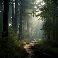 Sticker - Misty morning in a dense forest.