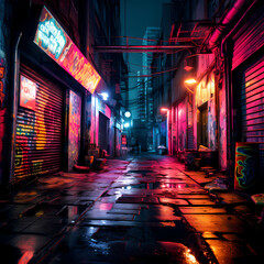 Canvas Print - Neon-lit alleyway with urban graffiti. 