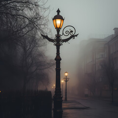 Canvas Print - Old-fashioned street lamp against a foggy backdrop 