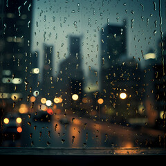 Poster - Raindrops on a windowpane with city lights in the background.