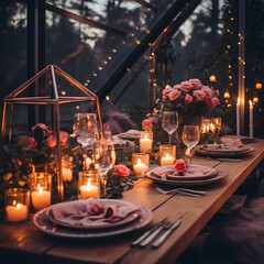 Wall Mural - Romantic dinner setup with candles and roses.