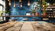 © CLOVER BACKGROUND - Wooden board empty Table Top And Blue Interior over blur in coffee shop Background
