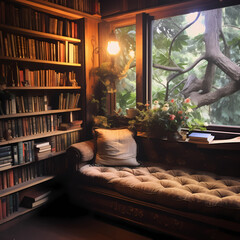 Wall Mural - Vintage bookshelves in a cozy reading nook.