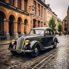 Poster - Vintage car parked on a cobblestone street.