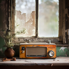 Sticker - Vintage radio on a weathered windowsill.