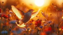 A Stunningly Warm Sunset Provides The Backdrop For A Peaceful Dove Gracefully Soaring Above Vibrant Wildflowers