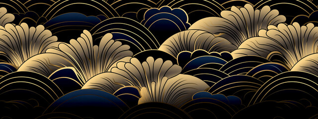 Sticker - Horizontal Luxury Image of Elegant Gold Pattern on Black Background in Japanese Style