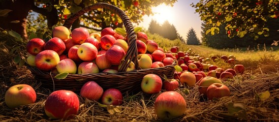 Poster - A basket overflowing with luscious red and yellow apples, showcasing the bountiful autumn harvest from the apple orchard.