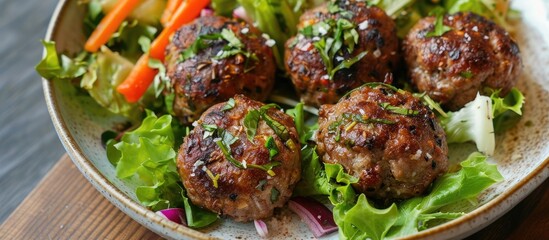 Canvas Print - A wooden table displays a plate filled with meatballs and vegetables, topped with lettuce and green salad. The meatballs are surrounded by colorful cooked vegetables, creating a delicious and