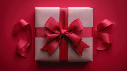 Aufkleber - White Gift Box with Red Ribbon and Bow on a Red Background. Generative AI