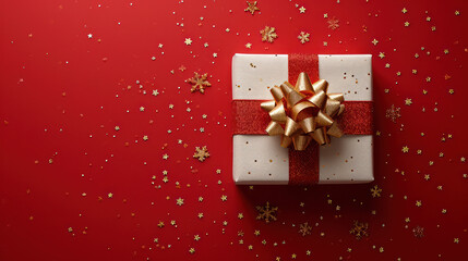 Aufkleber - White Gift Box with Red Ribbon and Bow on a Red Background. Generative AI