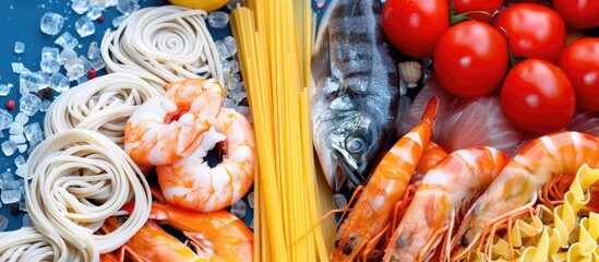 Wall Mural - A close-up shot showcasing a plate of food with shrimp, including seafood spaghetti tagliatelle and fresh fusilli. The dish exudes a delicious blend of flavors and textures.