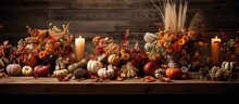 A Table Is Overflowing With An Array Of Pumpkins And Various Flowers, Creating A Beautiful And Vibrant Fall Centerpiece. The Wooden Backdrop Adds A Rustic Touch To The Seasonal Display.