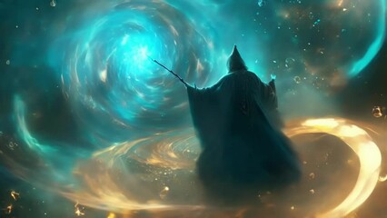 Wall Mural - a mysterious sorcerer surrounded by swirling holographic spells and wielding a crystaltipped staff.