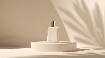 Wall Mural - mockup of a plain white perfume bottle neatly placed on a podium on a neutral background, Ai generated Images