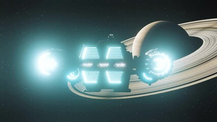 Wall Mural - 3d render of an alien spaceship moving through interstellar space towards planet Saturn