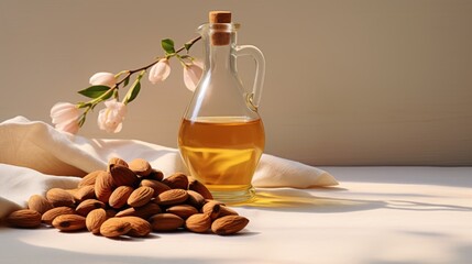 Wall Mural - A glass bottle of almond oil and almonds on the table. Cosmetic oil for skin care.