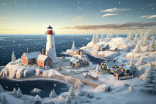 A Beautiful Seaside Town And Lighthouse On A Snowy Winter Day