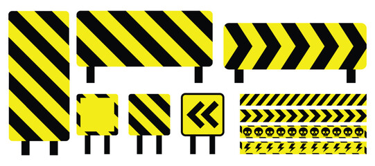 Wall Mural - Set collection yellow and black diagonal stripes arrow traffic road signs different shapes isolated white background, highway route symbol signposts crime tapes caution for web mobile illustration.
