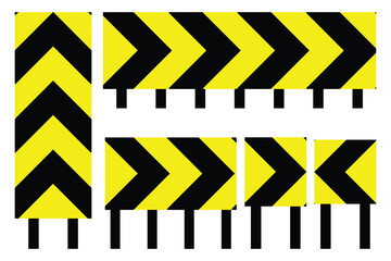 Wall Mural - Set collection yellow and black arrow stripes blank traffic road signs different shapes isolated white background, highway route symbol signposts crime tapes caution for web mobile illustration.